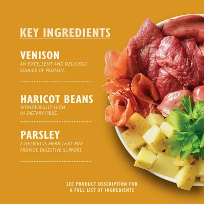 Key ingredients: venison, an excellent source of protein; haricot beans, high in dietary fibre; parsley, a herb that may provide digestive support. See product description for full list.