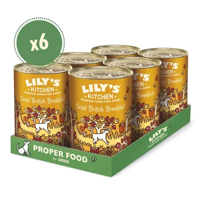 Pack of 6 Lily's Kitchen Great British Breakfast proper food for dogs tins displayed in a green tray, with 'x6' quantity label visible.