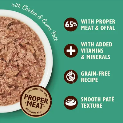 Chicken and game paté with 65% proper meat and offal, added vitamins and minerals, grain-free recipe, and smooth paté texture. Label states freshly prepared proper meat.