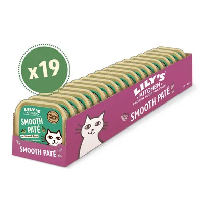 Pack of 19 Smooth Paté trays with chicken and game, labelled as proper meat, displayed in a branded box.