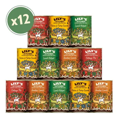 Multipack of 12 tins with visible flavours: Cottage Pie, Chicken & Turkey Casserole, Lamb Hotpot, Sunday Lunch. Each tin shows product name and quantity x12.