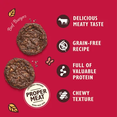 Beef burgers with delicious meaty taste, grain-free recipe, full of valuable protein and chewy texture. Made with freshly prepared proper meat, never meat meal.