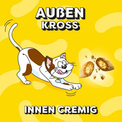 Zunaj hrustljavo, znotraj kremasto. Ilustracija mačke in prigrizka s hrustljavo ovojnico in kremnim polnilom.