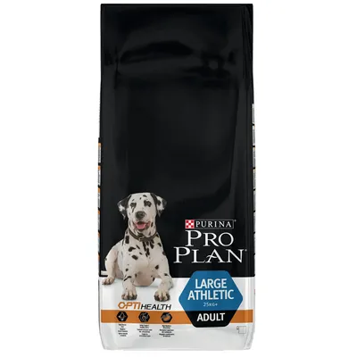 Balení s textem Purina Pro Plan, Large Athletic 25 kg+, OptiHealth, Adult. Vyobrazený dalmatin na přední straně obalu.