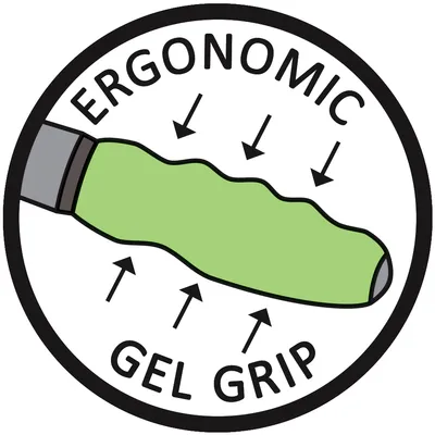 Ergonomikus gél markolat zöld felülettel és nyilakkal, amelyek a markolatra mutatnak.
