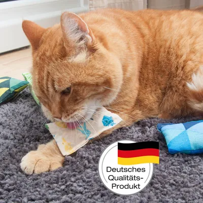 Červená mačka sa hrá s textilnou hračkou. Pečať: Nemecký kvalitný produkt s nemeckou vlajkou.