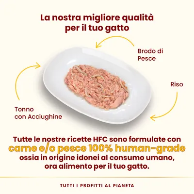Tonno con acciughine, brodo di pesce e riso. Tutte le ricette HFC sono formulate con carne e/o pesce 100% human-grade, idonei al consumo umano, ora alimento per il tuo gatto.