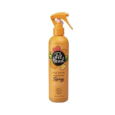 Pet Head Ditch the Dirt Deodorizing Spray Orange met essentiële oliën, 300 ml. Tekst: 'Deodorizing Spray Orange with essential oils'.