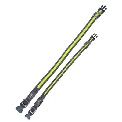 Deux laisses réfléchissantes Hunter, bandes grises et jaunes, boucles en plastique noir, anneaux métalliques visibles, tailles différentes côte à côte.