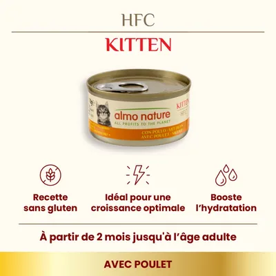 almo nature HFC Kitten avec poulet, recette sans gluten, idéal pour une croissance optimale, booste l’hydratation. À partir de 2 mois jusqu’à l’âge adulte. Conserve visible.