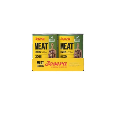 Josera Meat Lovers Menu Junior Chicken. Dve konzervy so žltým kartónovým držiakom, Josera petfood with passion.