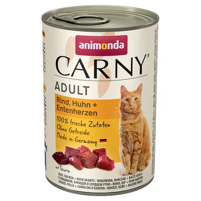 Animonda Carny Adult, marha, csirke és kacsaszív. 100% friss összetevők, gabonamentes, Made in Germany. Konzerv húskép és macska.