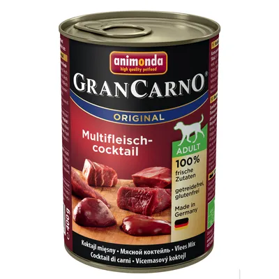 Konzerva animonda GranCarno Original Multifleisch-cocktail, ADULT, 100 % frische Zutaten, bez obilnín a lepku, Made in Germany, 400 g. Na etikete kúsky mäsa.