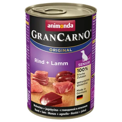 Консерва animonda GranCarno Original Rind + Lamm Senior 400 г. Видими парчета месо, надписи: 100% frische Zutaten, getreidefrei, glutenfrei, Made in Germany.