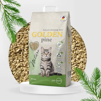 Golden Pine Natur-Klontstrooisel, 18 liter. Duurzaam, zuinig in gebruik, biologisch afbreekbaar. Gemaakt in Duitsland. Verpakking toont kat en strooimateriaal.