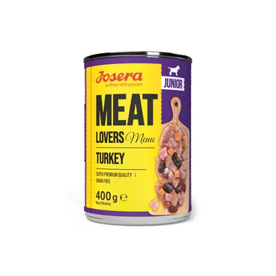 Josera Meat Lovers Menu Turkey Junior, superprémiová kvalita, bez obilnín, 400g čistá hmotnosť. Žltý štítok s fialovým pozadím a vyobrazením mäsa.