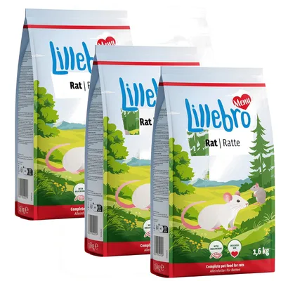Lillebro Menu Ratte, teljes értékű eledel patkányoknak, 1,6 kg. A csomagoláson táj és két patkány látható, valamint a „Mit Melaminosäuren” és „Delicious Love” feliratok.