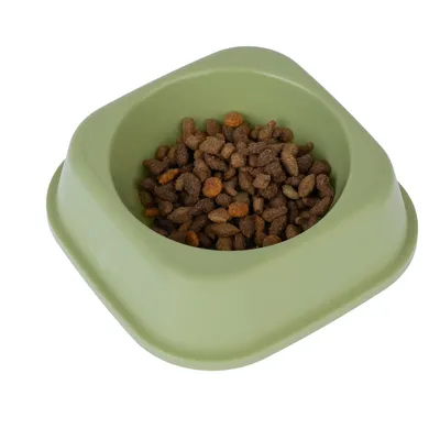 Green feeding bowl with brown and orange dry food pieces, suitable for feeding pets.