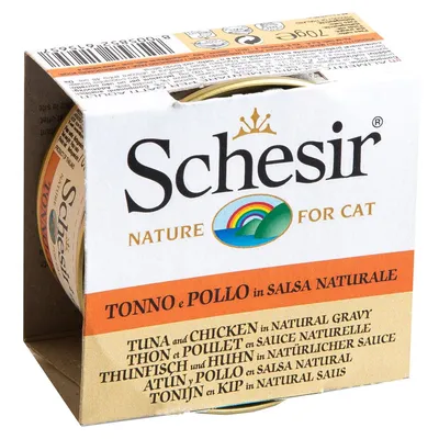 Schesir Nature for Cat, tonno e pollo in salsa naturale. Testo multilingue visibile sulla confezione. Barattolo di cibo per gatti.