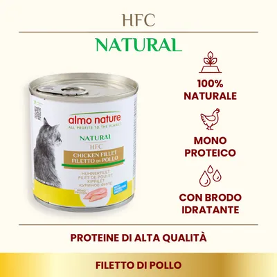 almo nature HFC Natural Filetto di Pollo, 100% naturale, monoproteico, con brodo idratante, proteine di alta qualità. Testo in inglese e italiano visibile sulla confezione.