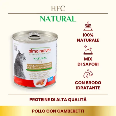 almo nature HFC Natural Pollo con Gamberetti, 100% naturale, mix di sapori, con brodo idratante, proteine di alta qualità. Testo in inglese e italiano visibile sulla confezione.