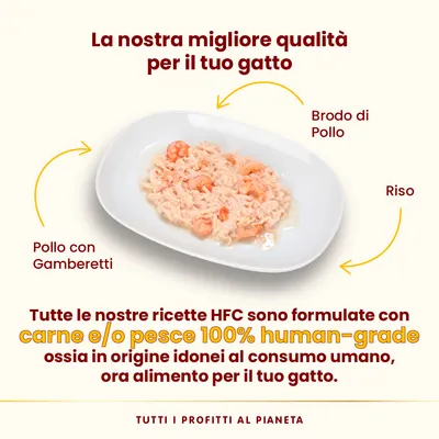 Pollo con gamberetti, brodo di pollo e riso su piatto. Testo: tutte le ricette HFC con carne e/o pesce 100% human-grade, idonei al consumo umano, ora alimento per il tuo gatto.