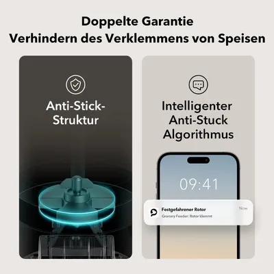 Doppelte Garantie: Anti-Stick-Struktur und intelligenter Anti-Stuck-Algorithmus zur Verhinderung des Verklemmens von Speisen.