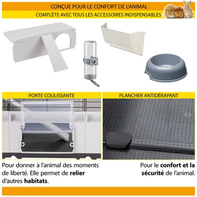 Accessoire pour cage à petits animaux : rampe avec maison, râtelier à foin, bouteille d’eau, gamelle, porte coulissante et sol antidérapant. Indications sur le confort et la sécurité de l’animal.