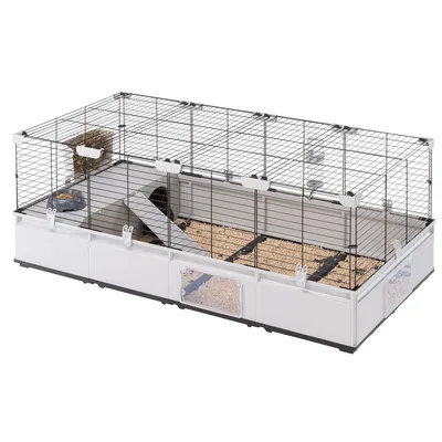 Kleintierkäfig mit Metall-Gitterwänden, weissem Kunststoffboden, integriertem Häuschen, Rampe und Futterbereich. Sichtfenster an der Seite für einfache Beobachtung.