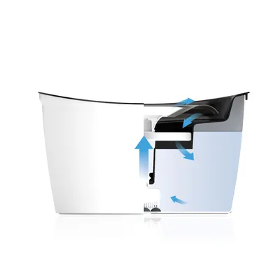 Vue en coupe d’une fontaine à eau pour animaux, montrant le réservoir, le système de circulation de l’eau avec des flèches bleues indiquant le flux interne et la zone de distribution en haut.