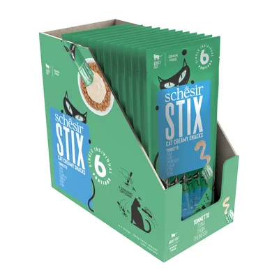 Schesir Stix Cat Creamy Snacks, sabor atún, 6 porciones individuales, sin cereales, para gatos adultos.