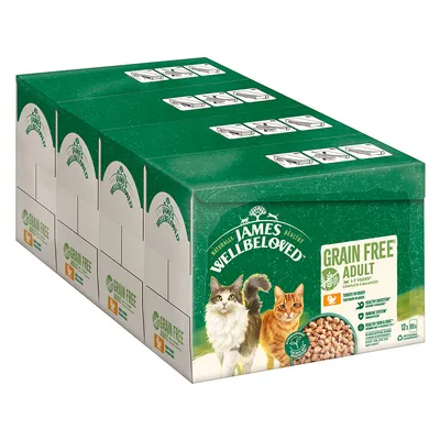 Confezione multipla James Wellbeloved Grain Free Adult per gatti, 12x85g, con immagini di due gatti e crocchette. Testo visibile: 'Grain Free', 'Adult', '1–7 years', 'Turkey in Gravy'.