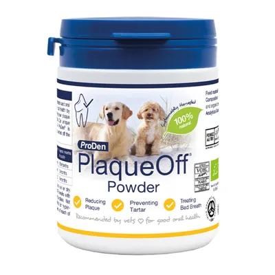 ProDen PlaqueOff Powder, 100% natürlich, reduziert Plaque, beugt Zahnstein vor, behandelt Mundgeruch. Bio-zertifiziert DE-ÖKO-001, empfohlen von Tierärzten für gute Zahngesundheit.