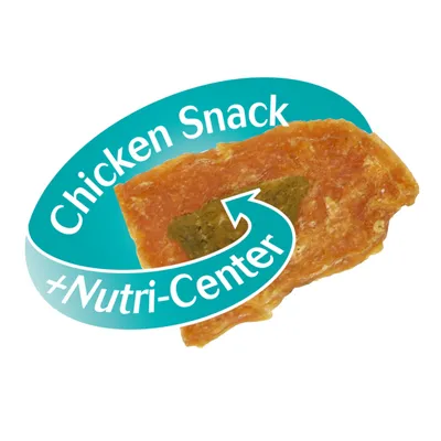 Chicken Snack s Nutri-Center, viditelný: oranžová pochoutka se zeleným středem.