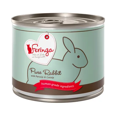Feringa Pure Rabbit with Parsnip & Catnip, human-grade ingredients. Text på engelska. Bild av konservburk med kaninmotiv.