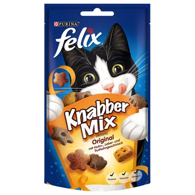 Felix Knabber Mix Original cat treats pouch, visible text in German: mit Huhn*, Leber- und Truthahngeschmack. Protein, Vitamine, Omega 6 icons shown at bottom.