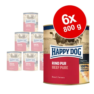 Happy Dog Rind Pur Beef Pure, 6x800 g. Na limenci piše: 100% tierisches protein, Supreme Sensible, Boeuf, Ternera. Vidljiva slika krave na etiketi.