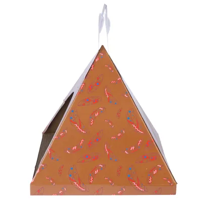 Abri pour chat en carton, forme de tipi triangulaire, décoré de plumes rouges et bleues. Ouverture latérale visible, poignée blanche sur le dessus.