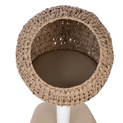Niche ronde en corde tressée beige montée sur un support, coussin intérieur marron visible, structure principale en bois et corde.