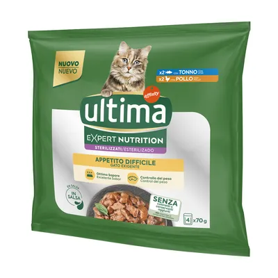 Ultima Expert Nutrition Sterilizzati kattenvoer voor kieskeurige eters, met tonijn en kip in saus. Zonder kleurstoffen en conserveermiddelen. Verpakking bevat 4x70g.
