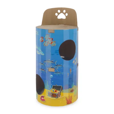 Cat tree with underwater design, round openings and cardboard scratching surface on top. Decorated with fish, treasure chest and corals.