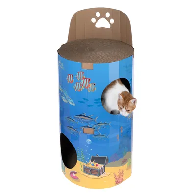 Scratching barrel with underwater design, multiple openings and a cat looking out from one opening. Top made of cardboard with paw print motif.