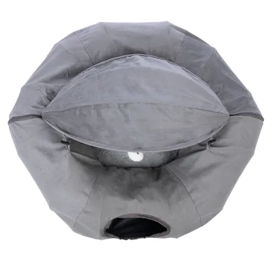Grey, round pet bed with removable cover and a small opening. Inside visible: soft cushion for comfort.