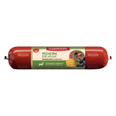 Fleischeslust Wild mit Rind, Alleinfuttermittel mit Kartoffel und Heidelbeere. 75% Fleisch, 10% Gemüse, 0% Getreide. Natürlich artgerecht.