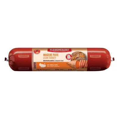 Fleischeslust Magere Pute mit Süsskartoffel, Alleinfuttermittel für Hunde. 75% Pute, 9% Süsskartoffel, 0% Getreide. Reich an Protein.