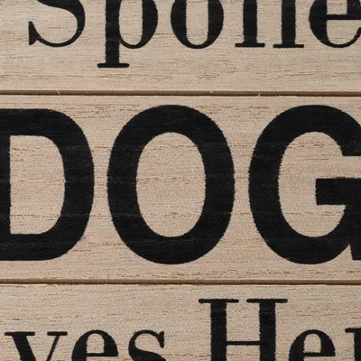 Testo in legno con scritta nera: "DOG" e altre parole parzialmente visibili.