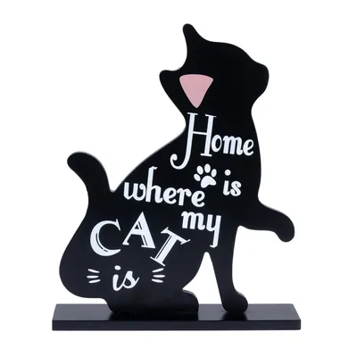 Černá kočičí figurka s nápisem: 'Home is where my cat is' a otiskem tlapky jako dekorace.