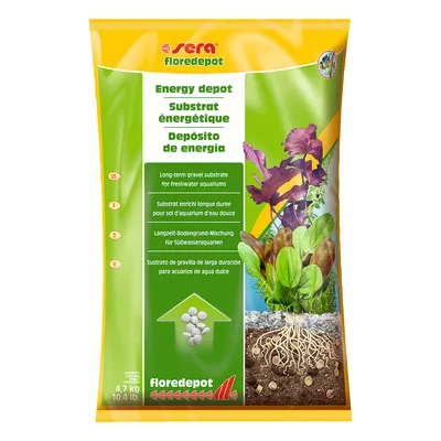 Sachet Sera floredepot Substrat énergétique 4,7 kg, substrat enrichi longue durée pour sol d’aquarium d’eau douce, illustration de plantes aquatiques et racines sur le devant.