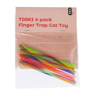 TIAKI set de 4 jucării pentru pisici tip capcană deget. Ambalaj cu patru jucării colorate tip capcană deget pentru pisici, cu instrucțiuni de utilizare.