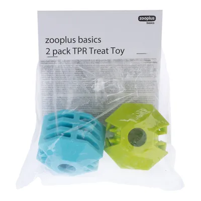 zooplus basics set da 2 giocattoli TPR per snack, giocattoli blu e verdi in sacchetto.